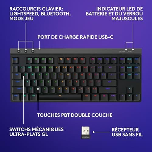 Logitech G G515 Lightspeed TKL Profile Wireless Gaming Keyboard, LIGHTSYNC RGB, Ultra-Flat Profile without Numeric Keypad, PBT Keys, Linear Mechanical Contacts, French AZERTY Keyboard - Black - Image 7