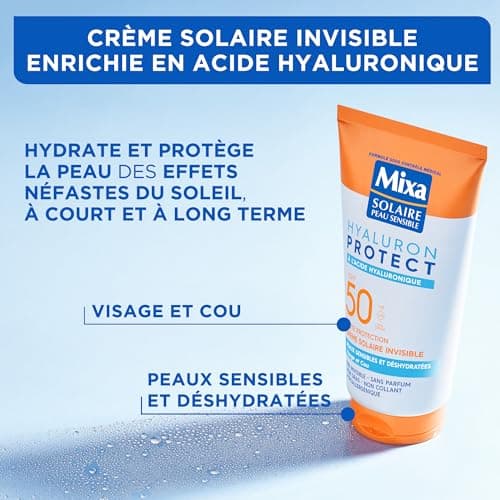 Mixa Solaire Peau Sensible - Crème Solaire Invisible à l'Acide Hyaluronique - Haute Protection SFP50 UVA, UVA longs, UVB - Peaux Sensibles et Déshydratées - Visage et Cou - Hypoallergénique - 50 ml - Image 3