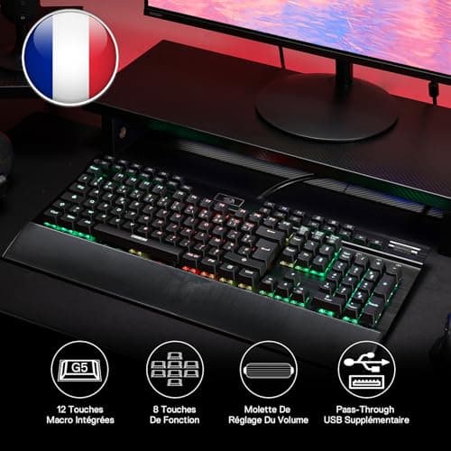 Redragon K550 RGB AZERTY Gaming Keyboard, 104 Keys + 12 Macro G Keys, Wired Mechanical Keyboard, Aluminium Top Plate, Purple Clickable Switch, 2 USB Ports, Wrist Rest, Black - Image 3