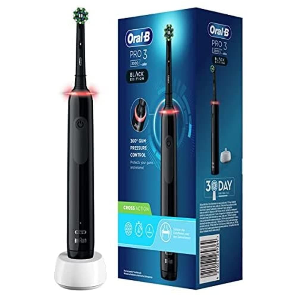 Oral-B Pro 3000 Rechargeable Electric Toothbrush with 1 Pressure Sensor Handle and 1 Crossaction Brush, 3D Technology, Black, Removes Up to 100% Dental Plaque - Image 1