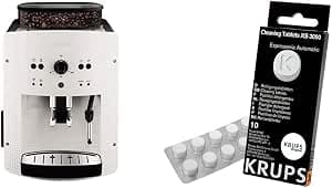 Krups EA8105 Automatic Coffee Machine with Cappuccino Steam Nozzle White and Espresseria Detergent Tablets for Full Auto EA/XP and Rowenta ES