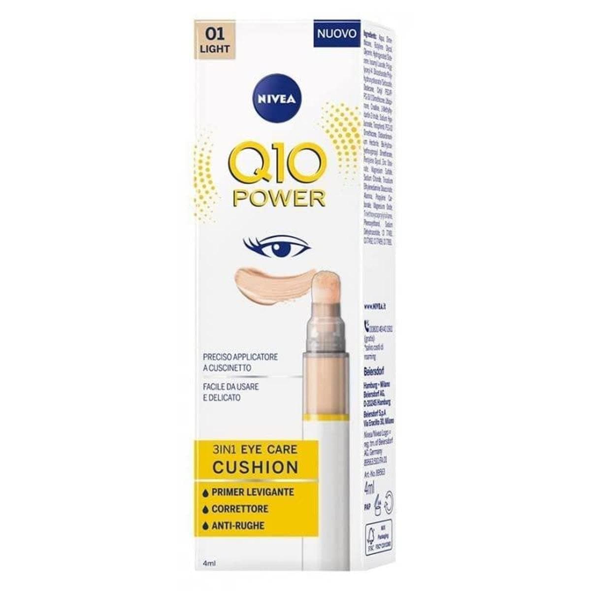 Nivea Q10 Power 3in1 Eye Care Cushion 01 Light 4 ml, crème contour des yeux colorée et hydratante, apprêt pour les yeux anti-âge avec coenzyme Q10, correcteur cernes lissant - Image 4