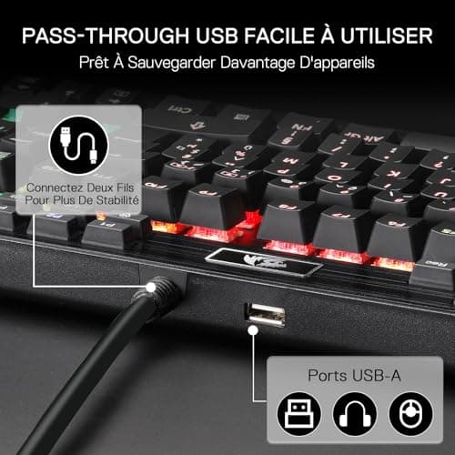 Redragon K550 RGB AZERTY Gaming Keyboard, 104 Keys + 12 Macro G Keys, Wired Mechanical Keyboard, Aluminium Top Plate, Purple Clickable Switch, 2 USB Ports, Wrist Rest, Black - Image 8