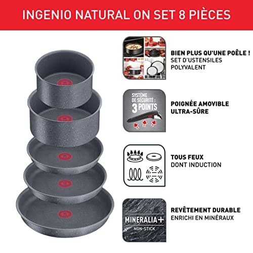 Tefal Ingenio L7669802 8-Piece Cookware Set, Induction, Non-Stick Coating, Stackable, Frying Pans and Saucepans + Removable Handle, Dishwasher Safe, Made in France, Natural On - Image 3