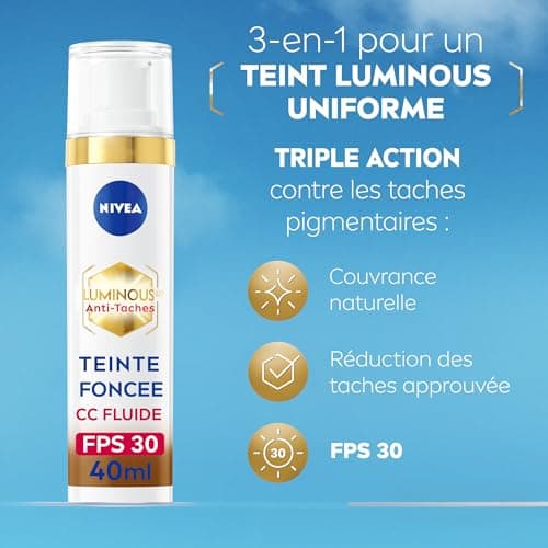 NIVEA Luminous 630 CC Fluide anti-taches FPS30 Teinte Foncée (1 x 40 ml), CC Crème teint unifié, Fond de teint couvrant imperfections, Soin visage teinté anti-âge correcteur réducteur de taches - Image 3