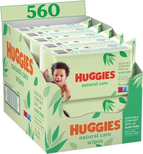 Huggies Natural Care Baby Wipes - 10 Packs of 56 Wipes (560 Wipes) - Natural Absorbent Fibres - Hypoallergenic - Alcohol Free - Aloe Vera - Prevents Irritation - Image 3