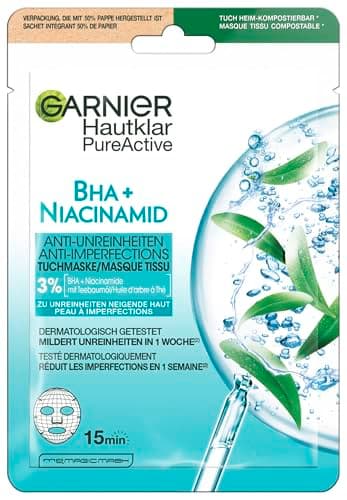 GARNIER Skin Active - Masque Tissu Anti-Imperfections - Réduit Pores, Sébum & Points Noirs - BHA, Niacinamide, Huile d’Arbre À Thé - Vegan & Cruelty Free - Tissu Compostable - Peaux À Imperfections - Image 2