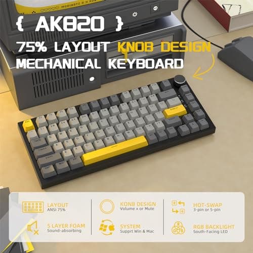 YINDIAO Ajazz AK820 Mechanical Keyboard with Knob, 75% ANSI Layout, 82 Keys, Wired Gaming Keyboard, 5 Soundproof Foams, Hot Swap, Linear Switch, RGB Backlight, for PC, Mac (Grey) - Image 3