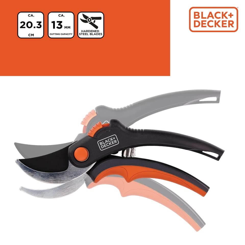 BLACK+DECKER Garden Shears - Wood Scissors - Garden Secator with Hardened Steel Blades - Branches with a Diameter of 13 mm - Size 20.3 cm - Steel - Black/Orange - Image 4