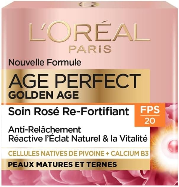 L'Oreal Paris Age Perfect Golden Age – SPF 20 Rose Re-Fortifying Care – Anti-Sagging & Radiance Day Cream – Enriched with Peony Native Cells and Calcium/Vitamin B3 – 50 ml