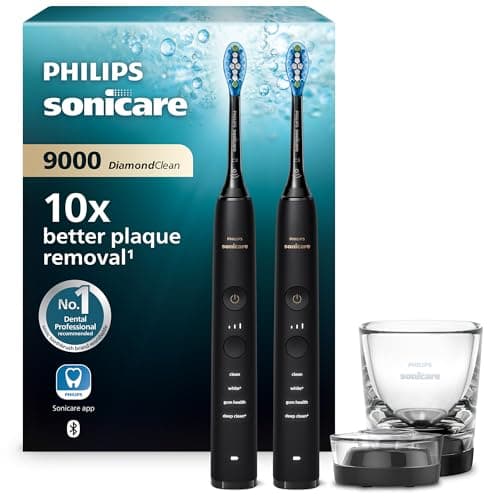 Philips Sonicare DiamondClean 9000, Brosse à dents électrique sonique avec application, capteur de pression, 4 modes de brossage, 3 niveaux d'intensité, verre de charge, noir, pack de deux, HX9914/54 - Image 3