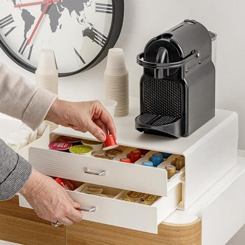 Baroni Home Coffee Pod Holder Drawer Universal Organizer 30 Nespresso Capsules and Dolce Gusto for Tea Accessories, Compact Durable Plastic, 2 Drawers, 34 x 13 x 34 cm, White - Image 3