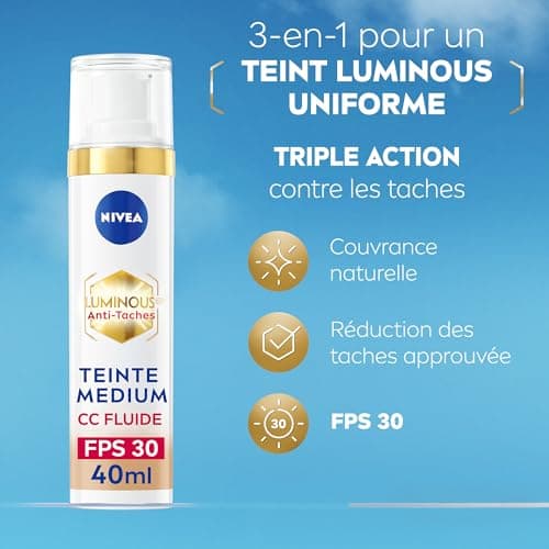 NIVEA Luminous 630 CC Fluide anti-taches FPS30 Teinte Medium (1 x 40 ml), CC Crème teint unifié, Fond de teint couvrant imperfections, Soin visage teinté anti-âge correcteur réducteur de taches - Image 3