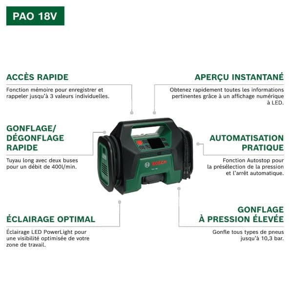 Bosch PAO 18V Cordless Air Compressor (from tires to large inflatable objects; with air pump clip for tire valve, French valve (Presta), ball needle, flow adapter) - Image 4
