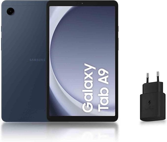 Samsung Galaxy Tab A9 Android Tablet, 64GB Storage, Large 8.7" Screen, WiFi, Rich Sound, Navy Blue, with 25W Fast Mains Charger Included (French Version)