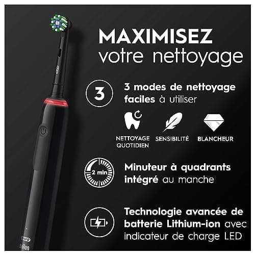 Oral-B Pro 3 Brosse À Dents Électrique Noire, Un Capteur De Pression Pour Protéger Les Gencives Sensibles, Des Accessoires, 3 Brossettes De Rechange, Douces Et Rondes, 1 Chargeur, Emballage En Carton - Image 5