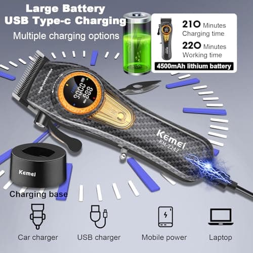 KEMEI 2242 Professional Hair Clipper for Men, Cordless Electric Hair Clipper, DLC Blades, Turbo Motor 5000-9000RPM, USB Rechargeable, Up to 220 Minutes Use with LED Display - Image 7