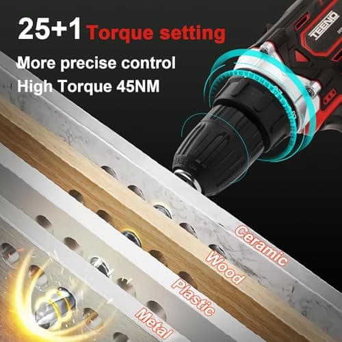 TEENO 21 V Cordless Drill for Makita Battery 2 x 2.0Ah Batteries, 45 Nm Cordless Screwdriver, 25 + 1 Torque Settings, 2 Speeds, LED, 46 Accessories and Suitcase, for Woodworking - Image 5