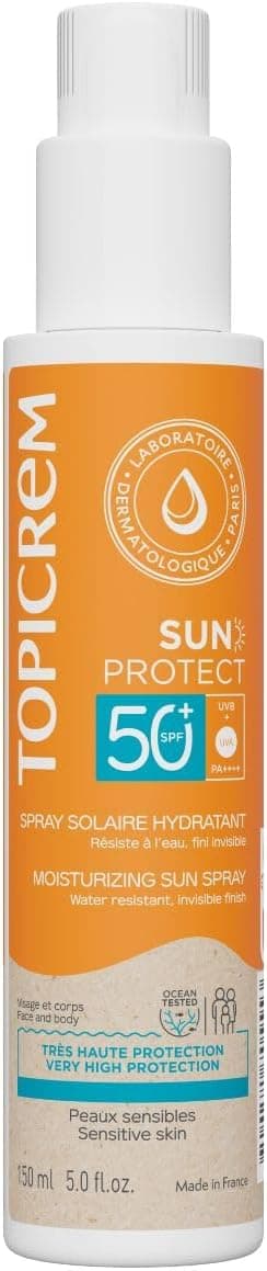 Topicrem - Sun Protect, Spray Solaire Hydratant Visage et Corps SPF50+ - Fluide Solaire Très Haute Protection, Hydrate 8h - Soin Peaux Sensibles, Dès 3 Ans - Parfum Ensoleillé - 150 ml