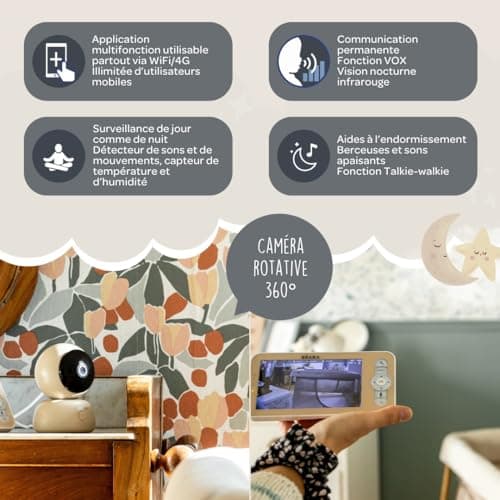 BÉABA, Babyphone, Ecoute Bébé Vidéo 2 en 1, Ecran/Application mobile dédiée, Caméra HD, Rotation à 360°, Vision Nocturne, Talkie Walkie, Berceuses, Contrôle température et humidité, Zen Premium Argile - Image 5