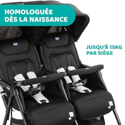 Chicco OHlalà Poussette Canne Double, Légère Inclinable et Pliable, Poussette pour Jumeaux de la Naissance à 15 kg, Fermeture Compacte, Inclus une Housse de Pluie, Capote Extensible - black night - Image 8