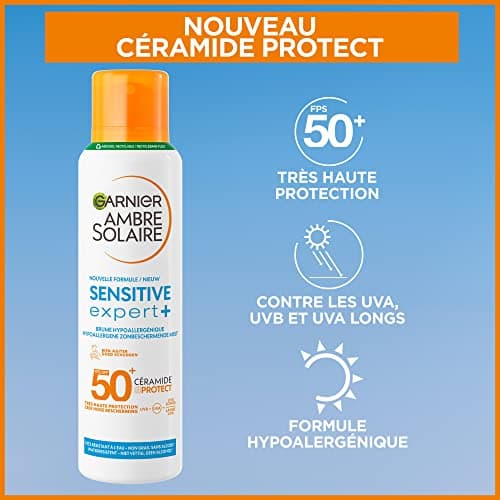 GARNIER Ambre Solaire Sensitive Expert+ - Brume Sèche - Protection Solaire FPS 50+ - Protège des UVA, UVB & UVA Longs - Résiste à L'eau - Céramides - Peaux Sensibles & Intolérantes au Soleil - 150 ml - Image 5