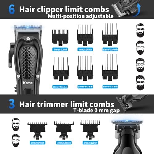 KEMEI Professional Hair Trimmer for Men, T-Blade Cordless Beard Trimmer Complete Set, Electric Hair Cutting Trimmer Complete Kit with 9 Guide Combs - Image 4