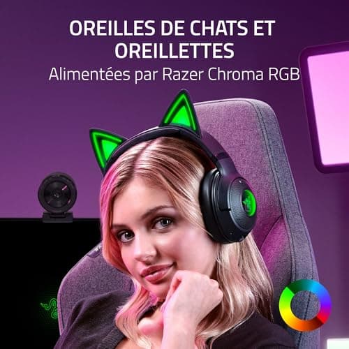 Razer Kraken Kitty V2 BT - Casque sans Fil Bluetooth RGB avec Kitty Ears pour Le Jeu et Le Streaming (325g, Haut-parleurs Triforce 40mm, Bluetooth 5.2, micros antibruit, autonomie de 40 Heures) Noir - Image 3