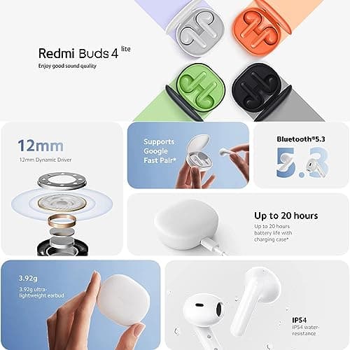 Xiaomi Redmi Buds 4 Lite TWS Écouteurs sans fil, Bluetooth 5.3 à faible latence avec suppression du bruit d'appel AI, étanchéité IP54, 20 heures d'autonomie, casque léger et confortable, noir - Image 4