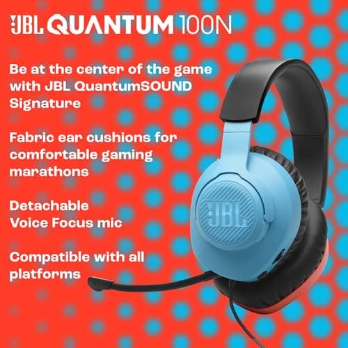 JBL Quantum 100N, Wired Over-Ear Gaming Headset, Detachable Mic, QuantumSURROUND Signature, Comfortable, Cross-Platform Compatibility and Windows Sonic Spatial Sound, Red and Blue - Image 6
