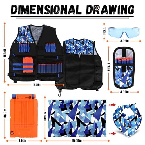Lehoo Castle Kids Tactical Vest for Nerf N-Strike Elite Series with Darts, Dart Case, Wristband, Face Mask, Chargers and Glasses (Blue) - Image 4