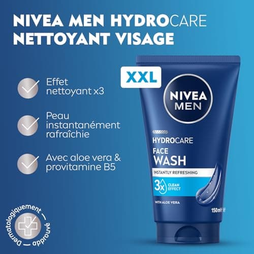 NIVEA MEN - Gel Nettoyant Visage Quotidien - Peau Rafraîchie Instantanément - Hydrocare - XXL - Aloe Vera & Pro-Vitamin B5-3 Effets Nettoyants - Non Desséchant - Élimine l'Excès de Sébum - 150 ml - Image 4