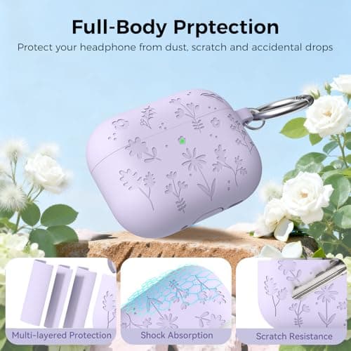 AhaStyle AirPods Pro 3 Case (2025) Cute Engraved Flower Silicone Case for AirPods Pro 3rd Generation Shockproof Full Body Cover for Apple AirPods Pro 3rd Gen with Cleaning Kit for Women Flles - Image 6