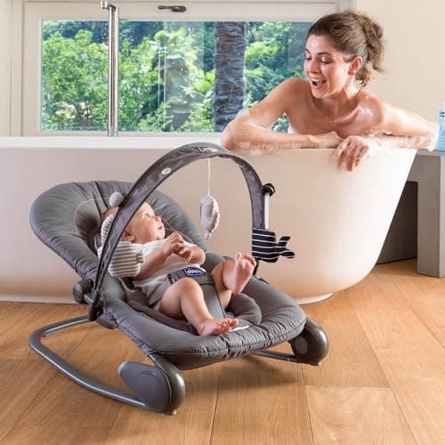 Chicco Hooplà Adjustable Baby Bouncer for Babies from Birth to 18 kg, Fixed or Rocker Position, with Play Bar, Adjustable Backrest and Reducing Cushion, Compact Closure, Moon Grey - Image 7