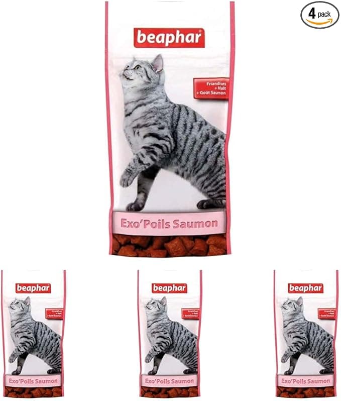 Wellness BEAPHAR Exo'Hair Salmon Flavour Treats, Malt Treats for Cats – Prevents the Formation of Hairballs – Promotes Gut Wellness – Resealable Bag with Zip – 35g (Pack of 4)