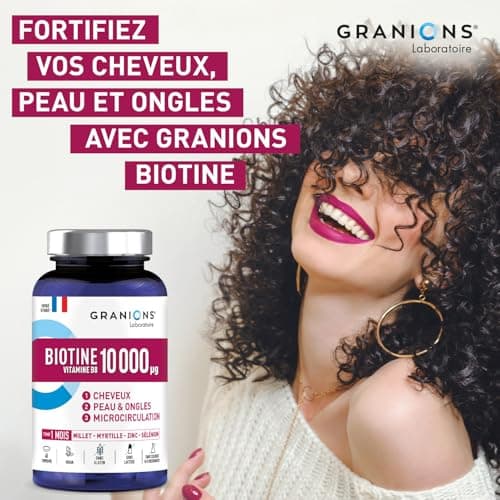 Biotin 10,000 µg GRANIONS, Food Supplement Hair, Skin, Nails - Vitamin B5, Biotin Millet, Cystine, Blueberry, Zinc, Selenium, Methionine - Vegan, Gluten Free, 60 Tablets Made in France - Image 7