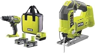 Ryobi RYOBI - Perceuse-Visseuse Sans Fil 18V ONE+ - Spécial Perçage Gros Diamètres - 2 Vitesses - Livrée avec 2 Batteries 1,5Ah Li-ion & Scie Sauteuse Pendulaire 4 Positions 18 V ONE+ Sans Fil Pour