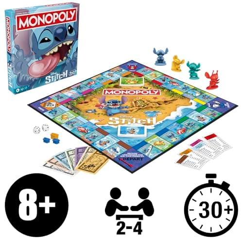 Jeu de Plateau Monopoly édition Disney Stitch - Version française, Jeu de société Familial et multijoueur pour Enfants, Ados et Adultes, Jeu de société, Dès 8 Ans - Image 3