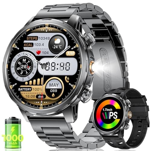 Men's Smart Watch with Bluetooth Call 1000mAh, 1.7 Inch HD Screen/LED Lamp/100+ Sports Modes, Heart Rate Monitoring/SpO2/Sleep IP68 Waterproof Compatible with Android iOS - Image 3