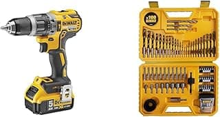 DEWALT Compact Brushless XR 18V Li-Ion 5Ah Impact Driver - 2 Batteries/Charger - 2 Speeds (0-550/2000 rpm) - 420W & Box of 100 Drilling and Screwing Pieces