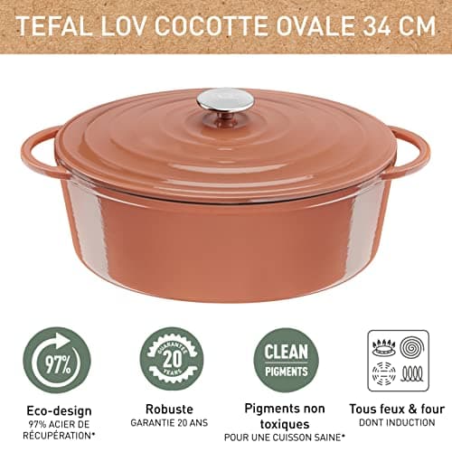 Tefal Lov E2600605 Oval Casserole Dish 34 x 26 cm Cast Steel, Full Induction + Oven, Enamelled Interior Coating, Robust and Eco-Design, Healthy Cooking, Recipe Ebook Included, Terracotta - Image 5