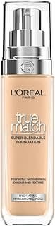 Fond de teint liquide True Match de L'Oréal Paris, soin de la peau infusé à l'acide hyaluronique, SPF 17, disponible en 40 teintes, nuance chaude de 3 D/3 W, 30 ml