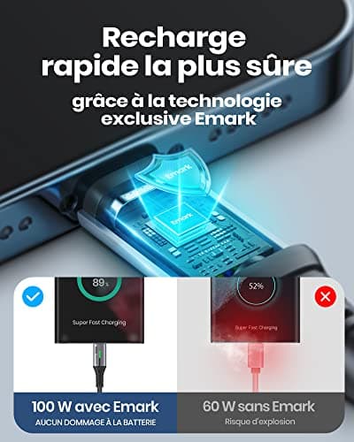Câble USB Type-C, INIU [2 m] 100 W PD 5 A câble USB C QC 4.0 en nylon de charge rapide type C vers USB C Compatibles avec Samsung S21 S20 Note iPad MacBook Pro Huawei Xiaomi Switch ECC - Image 7