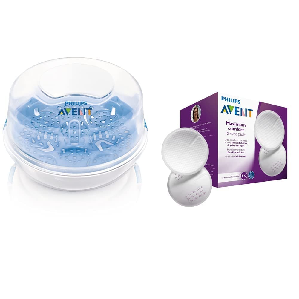 Philips Avent SCF281/02 Steam Microwave Sterilizer, Eliminates 99.9% of Bacteria, Sterilises in 2 Minutes & SCF254/61 60 Disposable Nursing Pads - Day and Night - Image 1