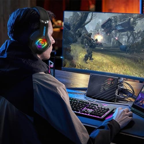 Ozeino Gaming Headset for PS5 PC PS4, Gaming Headset for Micro RGB 7 Colors Transducers 50mm Stereo Bass Mic Adjustable Noise Cancelling Compatible with Switch Xbox Series X & S-Blue Black - Image 4