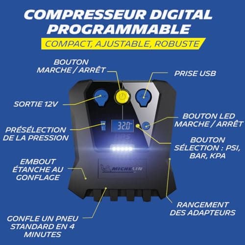 MICHELIN 009519 12V Programmable Air Compressor - 7 Bars - 3 Minutes Car Tyre Inflation - Auto Shut-Off - Digital Pressure Gauge - Robust Compact - LED - Comes with Adapter Tips - Image 3