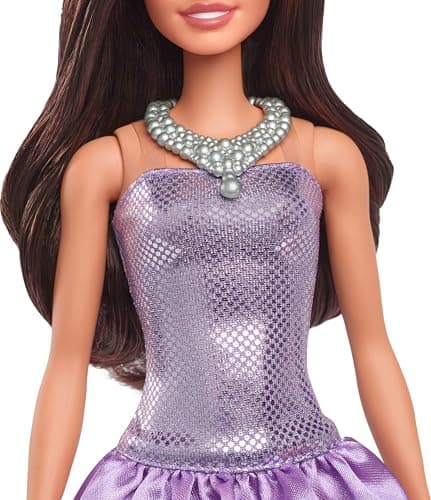 Barbie Fashionistas Brown Barbie Doll in Purple Sequin Puff Dress with Satin Skirt Necklace and Silver Heeled Sandals HYT92 - Image 5