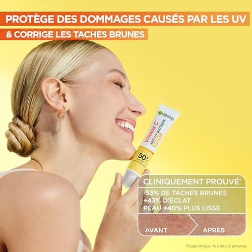 Garnier SkinActive - Fluide Anti-UV & Anti-Taches Quotidien - Invisible - SPF 50+ - Protège & Réduit les Taches - Soin Visage Enrichi en Vitamine C - Tous Types de Peau - 40 ml - Image 4