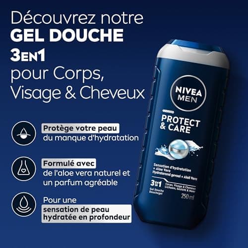 NIVEA MEN Gel douche Protect & Care (lot 6x250 ml) — Soin lavant enrichi en Aloe Vera naturel — Gel douche homme 3 EN 1 — Soin nettoyant corps visage et cheveux à la formule hydratante - Image 3