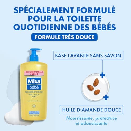 Mixa Bébé Gel 2 en 1 Corps et Cheveux Très Doux - À l'Huile d’Amande Douce -Hypoallergénique - pH Neutre - Maxi Format Familial 750 ml - Image 5
